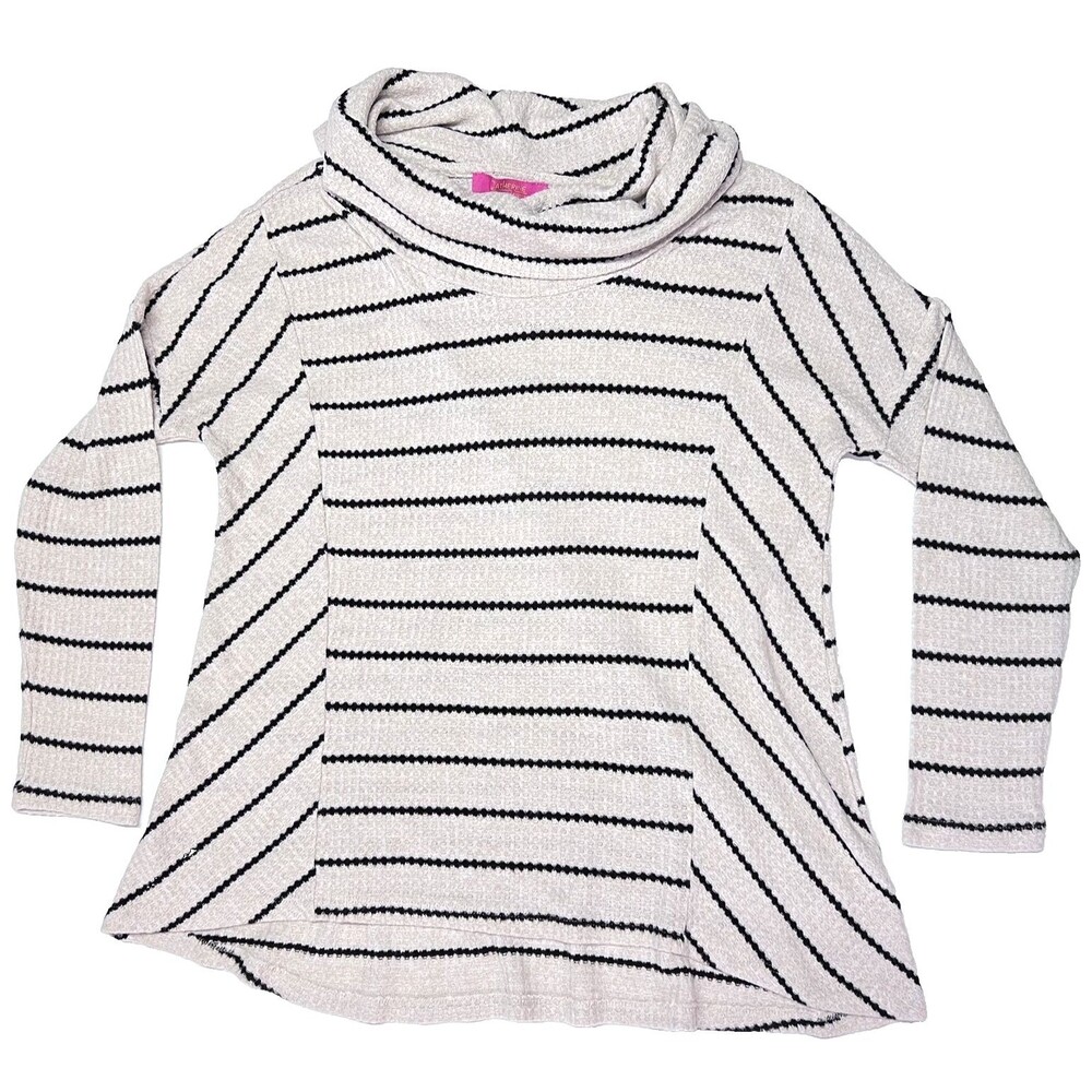 Catherine Malandrino Womens Striped Cowl Neck Waffle Sweater Top Medium Oatmeal